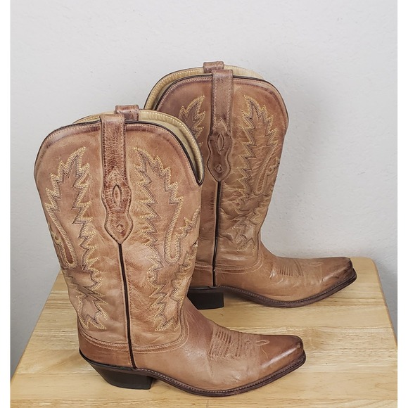 Old West Cowboy Cowgirl Boots Leather 7.0 Women's Cowgirl Tan Western LF1529 - Picture 3 of 7